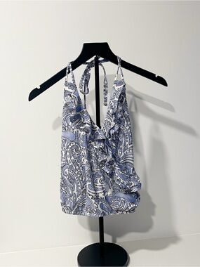 Express Blue and White Paisley Ruffle Halter Tank